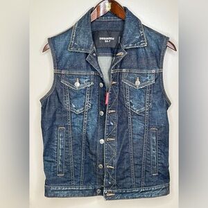 DSQUARED2 Navy Blue Distressed Denim Vest, Italian 48 (Medium)